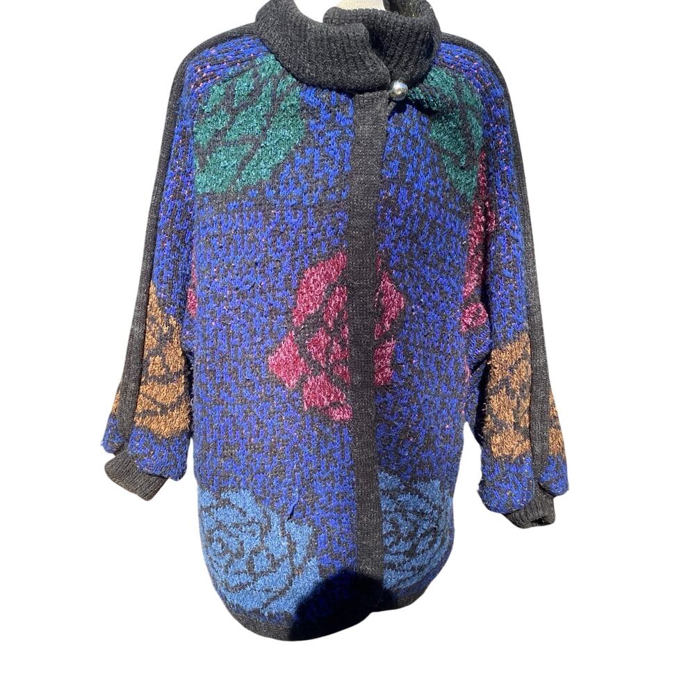 Vintage Blue black Floral Turtleneck Coatigan Size Medium Unique Wearable Art